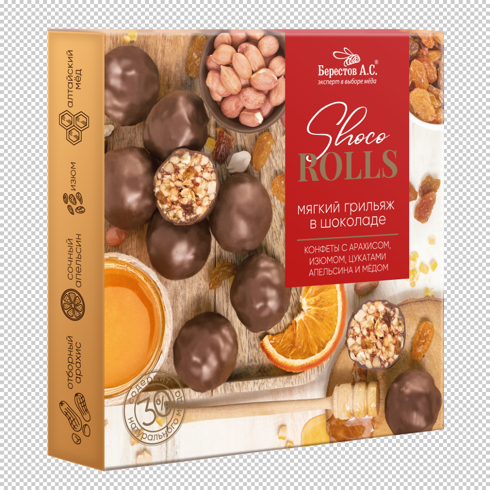  Берестов Shoco Rolls конфеты с арахисом, изюмом, цукатами апельсина и медом,  135г в Волхове